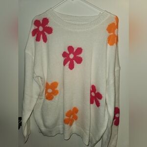Floral Patterned Sweater - White with Pink and Orange Flowers